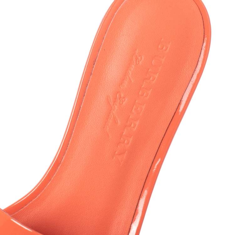 Pre Owned Burberry Coral Orange Patent Leather Coleford Flat Slides Size 37