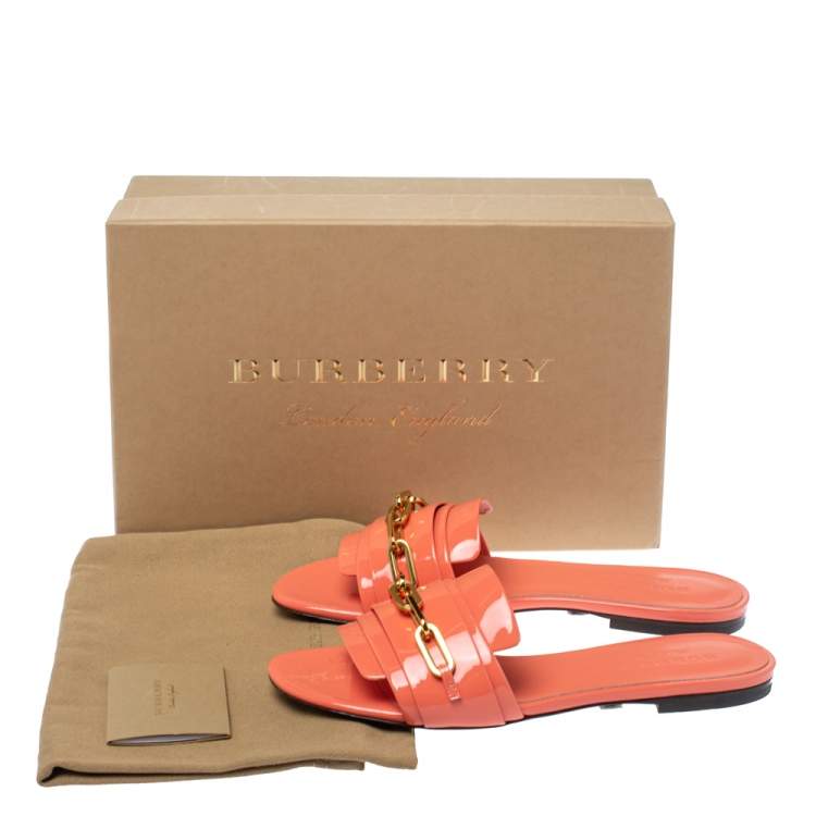 Pre Owned Burberry Coral Orange Patent Leather Coleford Flat Slides Size 37