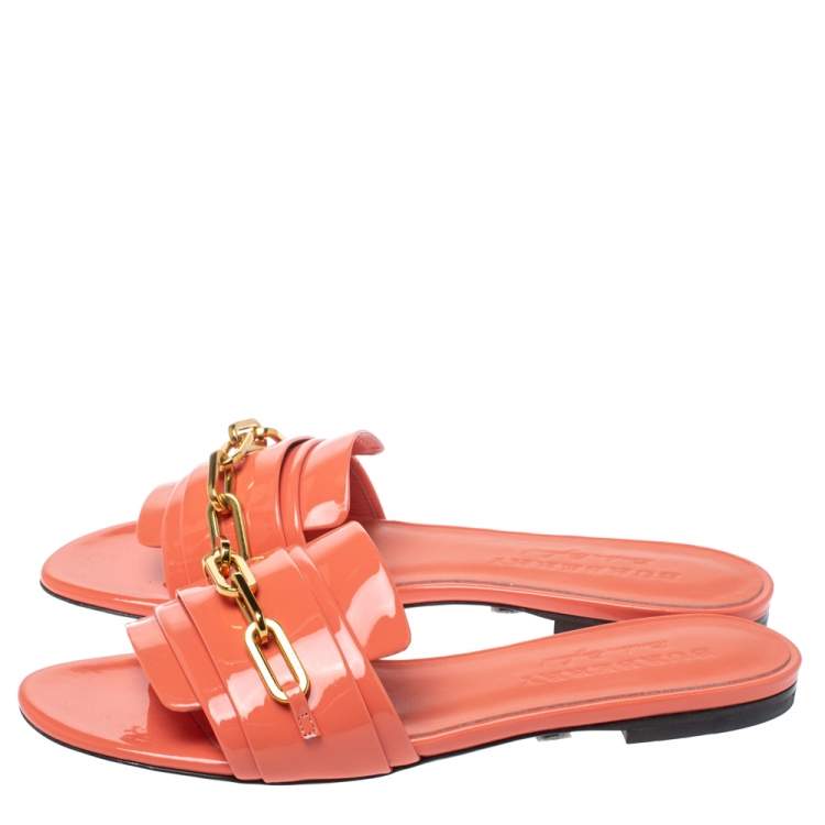 Pre Owned Burberry Coral Orange Patent Leather Coleford Flat Slides Size 37