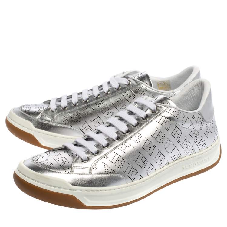 Pre Owned Burberry Silver Perforated Leather Timsbury Low Top Sneakers Size 42