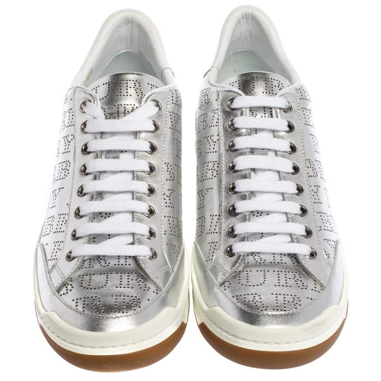 Pre Owned Burberry Silver Perforated Leather Timsbury Low Top Sneakers Size 42
