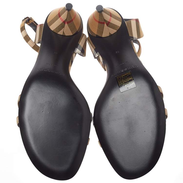 Pre Owned Burberry Beige Novacheck Fabric Hansel Cross Strap Cone Heel Open Toe Sandals Size 39