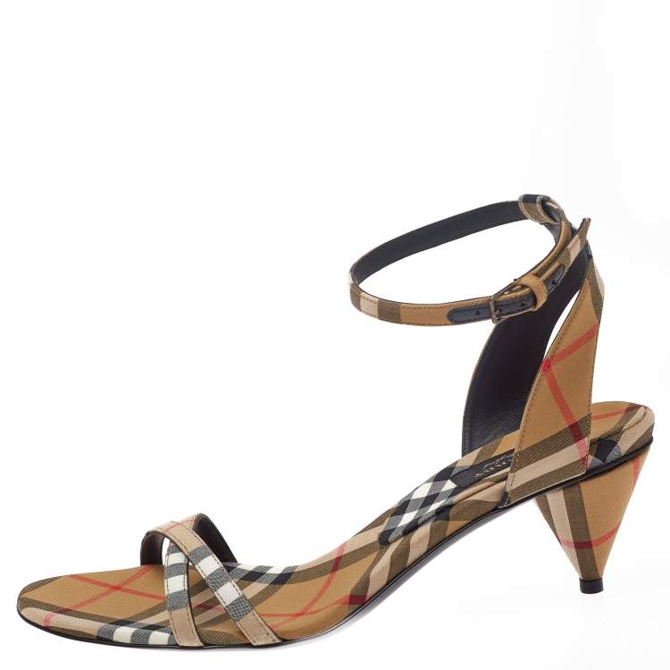 Pre Owned Burberry Beige Novacheck Fabric Hansel Cross Strap Cone Heel Open Toe Sandals Size 39