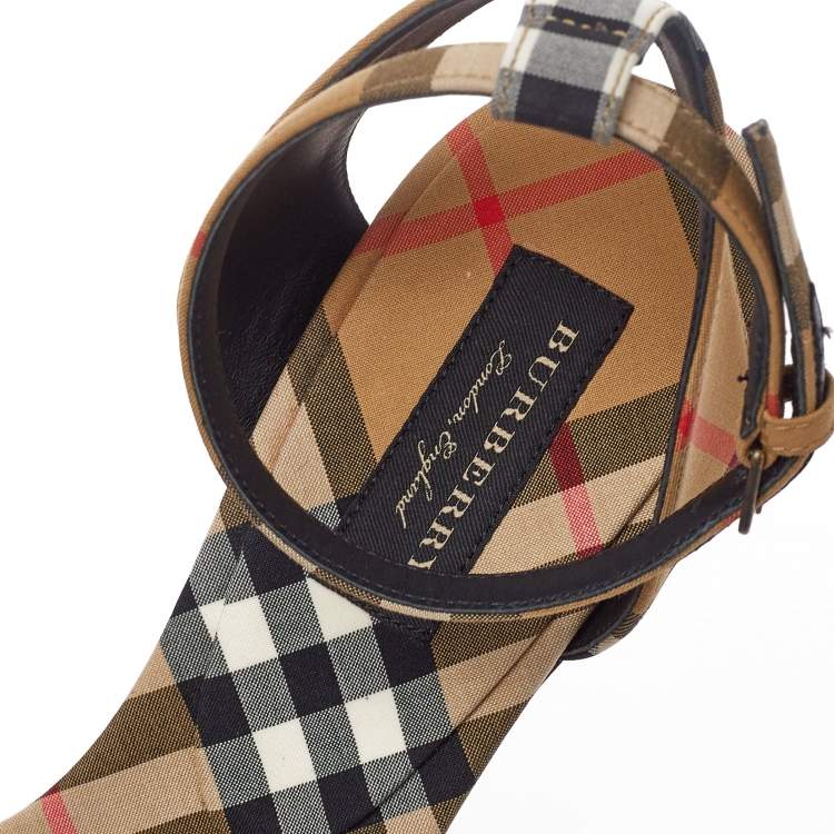 Pre Owned Burberry Beige Novacheck Fabric Hansel Cross Strap Cone Heel Open Toe Sandals Size 39