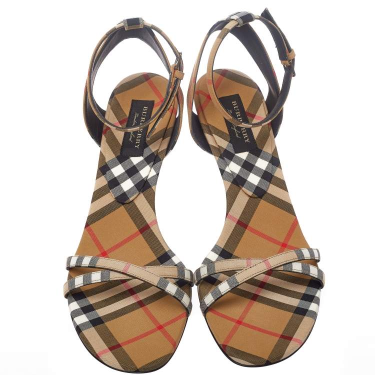 Pre Owned Burberry Beige Novacheck Fabric Hansel Cross Strap Cone Heel Open Toe Sandals Size 39