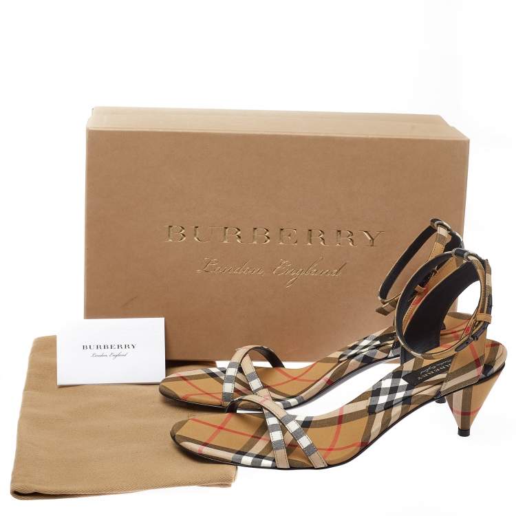 Pre Owned Burberry Beige Novacheck Fabric Hansel Cross Strap Cone Heel Open Toe Sandals Size 39
