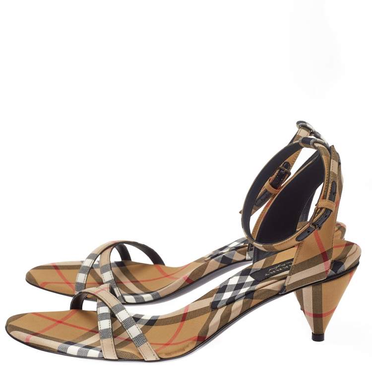 Pre Owned Burberry Beige Novacheck Fabric Hansel Cross Strap Cone Heel Open Toe Sandals Size 39
