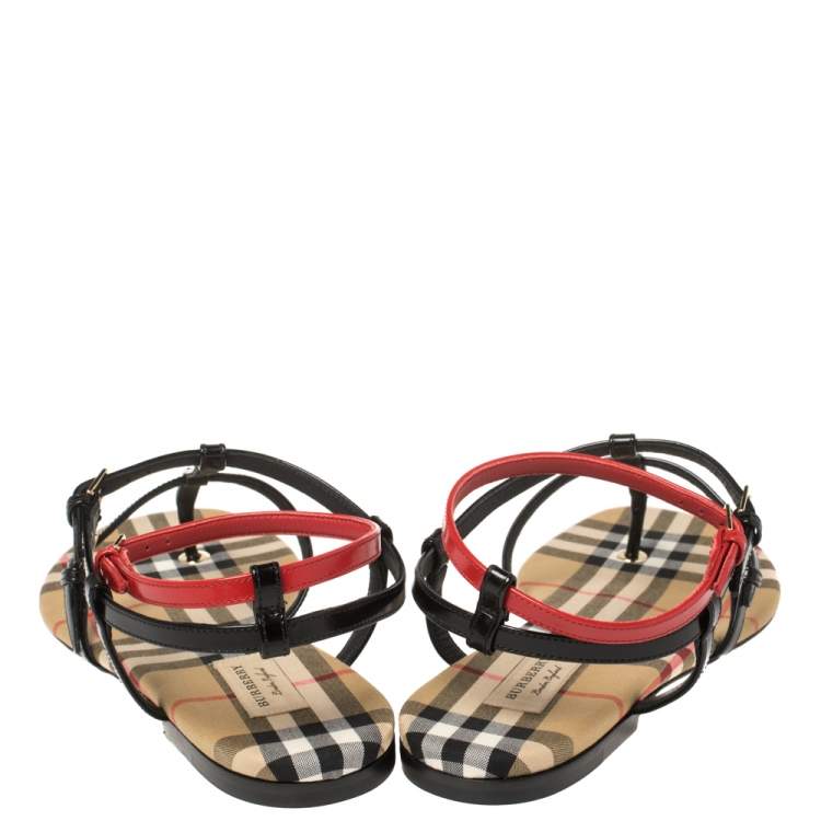 Pre Owned Burberry Black/Beige Nova Check Canvas and Leather Anthea Flats Sandals Size 39