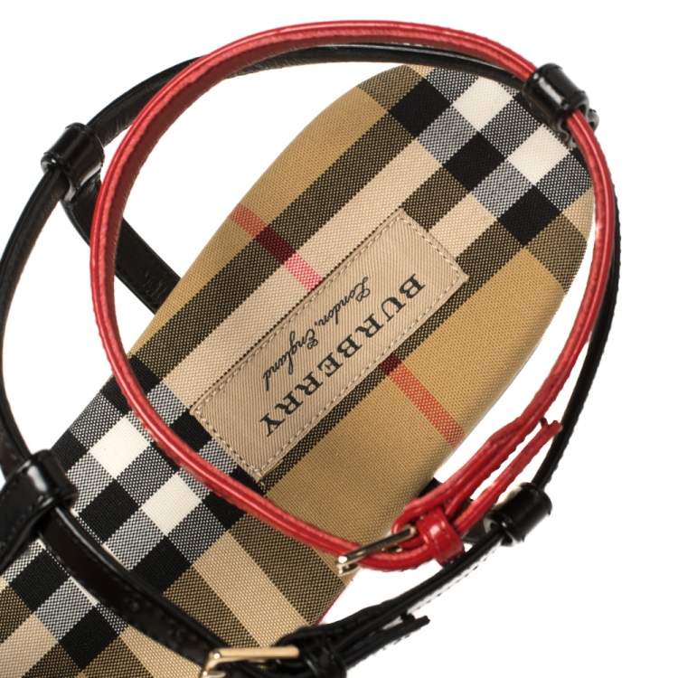 Pre Owned Burberry Black/Beige Nova Check Canvas and Leather Anthea Flats Sandals Size 39