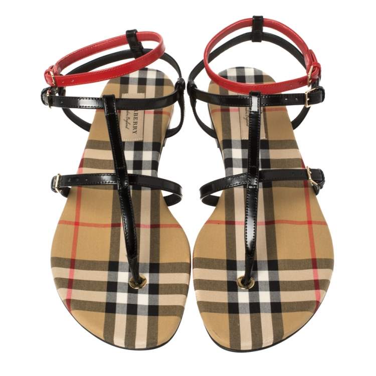 Pre Owned Burberry Black/Beige Nova Check Canvas and Leather Anthea Flats Sandals Size 39