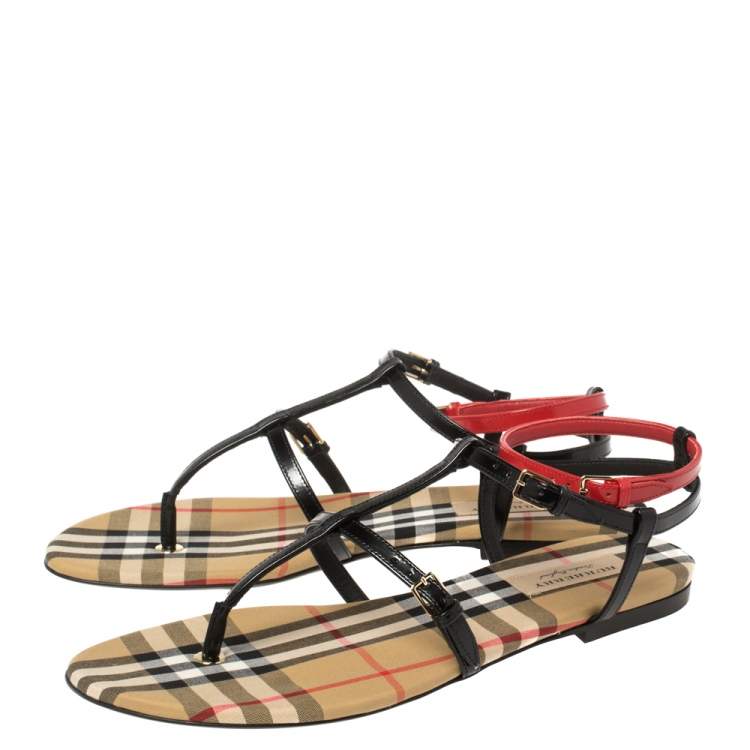 Pre Owned Burberry Black/Beige Nova Check Canvas and Leather Anthea Flats Sandals Size 39