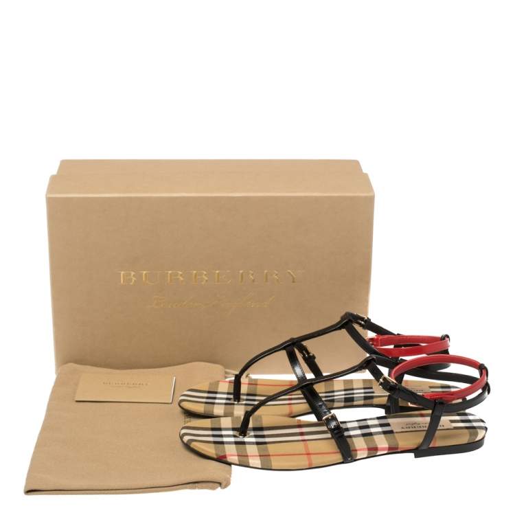 Pre Owned Burberry Black/Beige Nova Check Canvas and Leather Anthea Flats Sandals Size 39