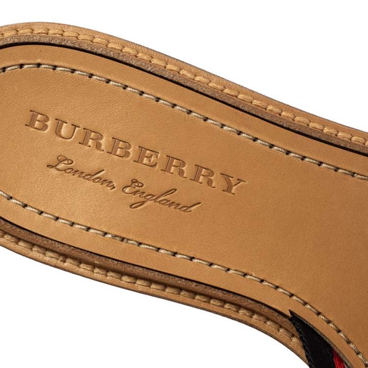 Pre Owned Burberry Red/Black Canvas Foley Logo Stripe Crisscross Slide Sandals Size 40
