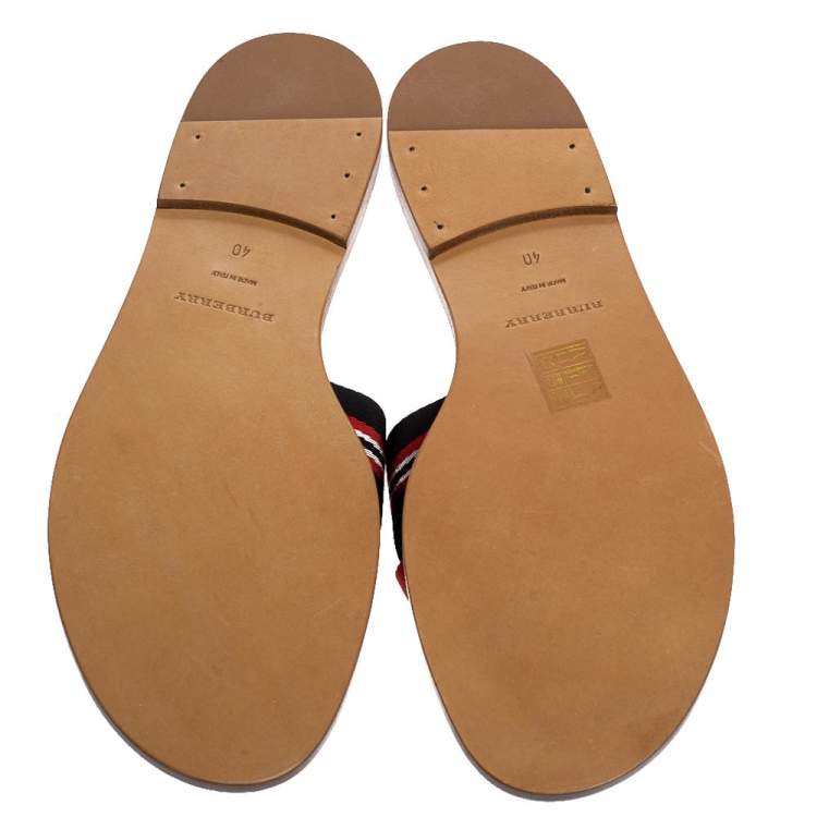 Pre Owned Burberry Red/Black Canvas Foley Logo Stripe Crisscross Slide Sandals Size 40