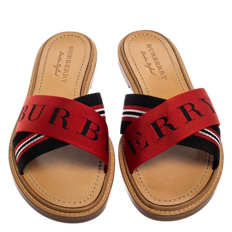 Pre Owned Burberry Red/Black Canvas Foley Logo Stripe Crisscross Slide Sandals Size 40