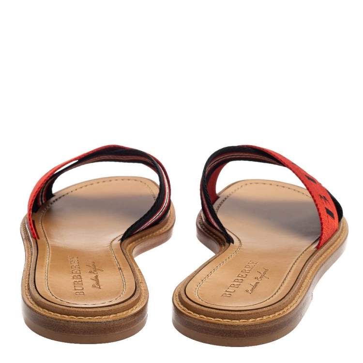 Pre Owned Burberry Red/Black Canvas Foley Logo Stripe Crisscross Slide Sandals Size 40