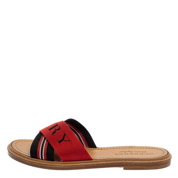 Pre Owned Burberry Red/Black Canvas Foley Logo Stripe Crisscross Slide Sandals Size 40