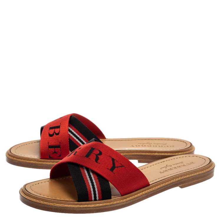 Pre Owned Burberry Red/Black Canvas Foley Logo Stripe Crisscross Slide Sandals Size 40