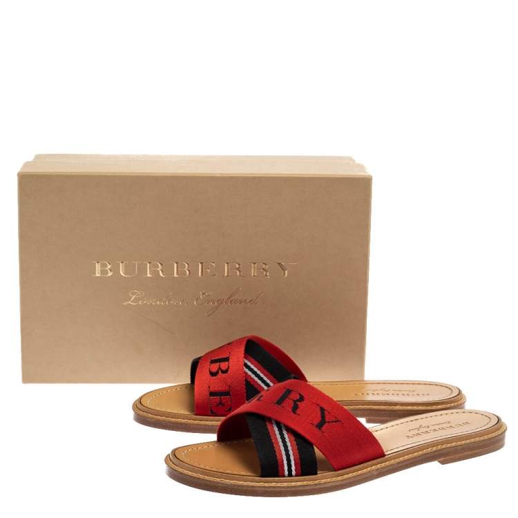Pre Owned Burberry Red/Black Canvas Foley Logo Stripe Crisscross Slide Sandals Size 40