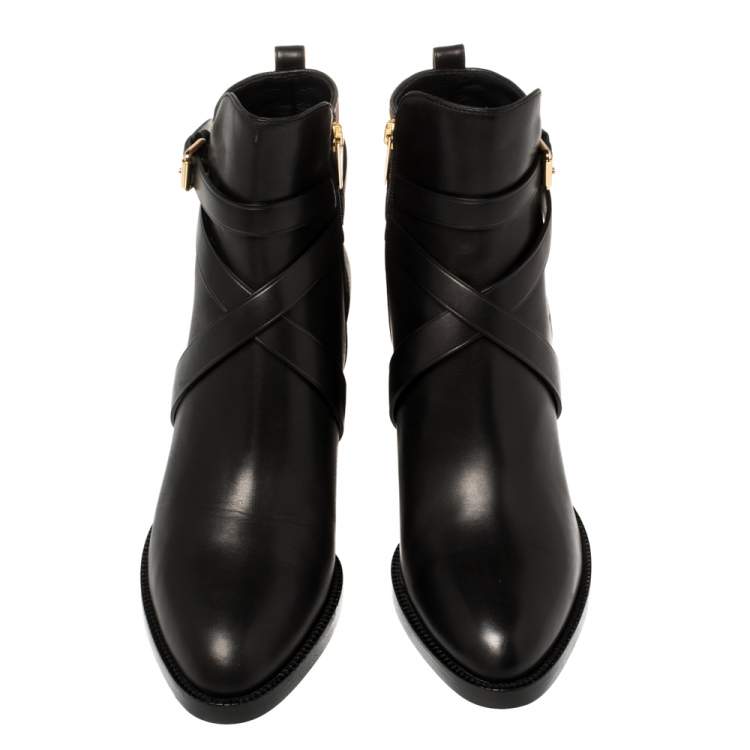Pre Owned Burberry Black/Beige Check Canvas And Strappy Leather House Ankle Boots Size 41