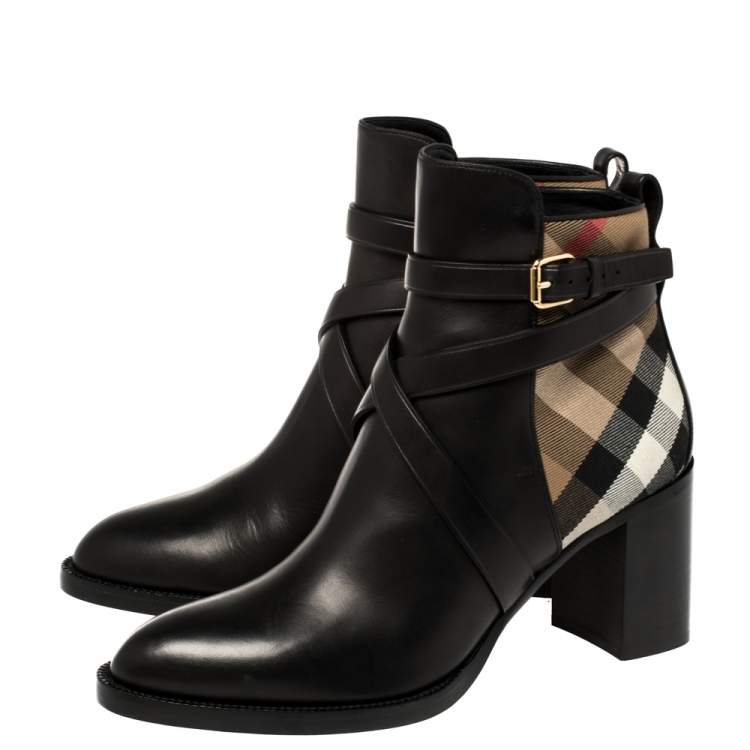 Pre Owned Burberry Black/Beige Check Canvas And Strappy Leather House Ankle Boots Size 41