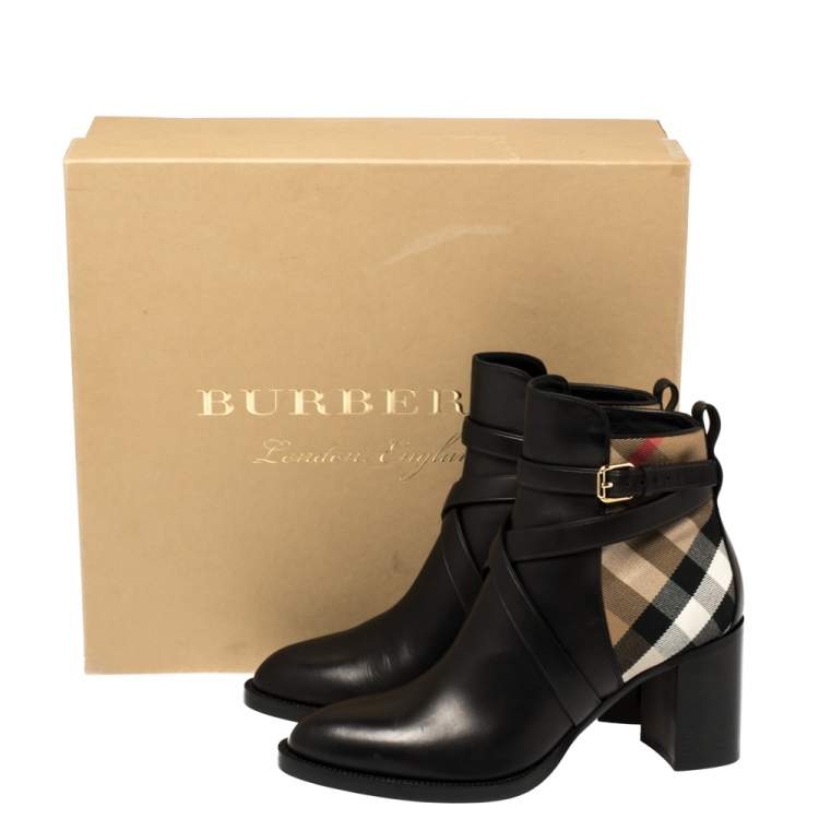 Pre Owned Burberry Black/Beige Check Canvas And Strappy Leather House Ankle Boots Size 41