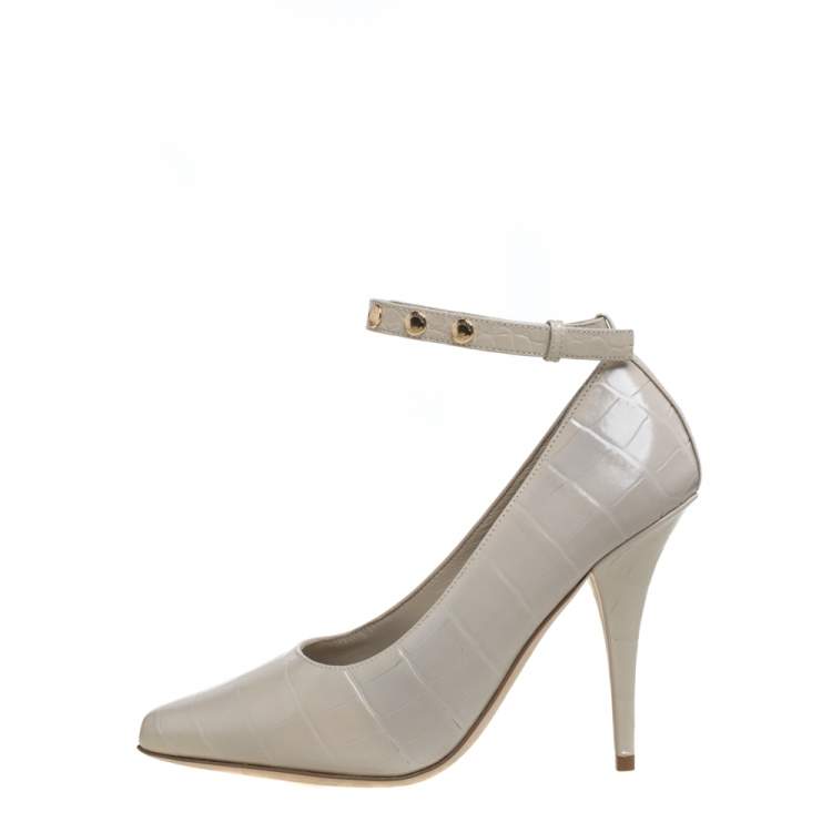 Pre Owned Burberry Teddy Beige Leather Ankle Strap Pumps Size 38