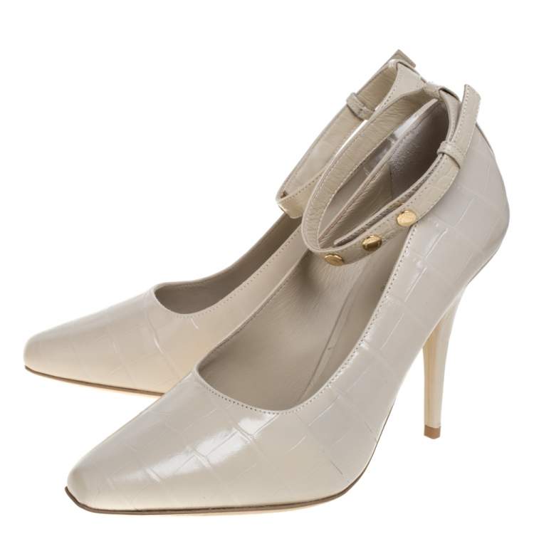 Pre Owned Burberry Teddy Beige Leather Ankle Strap Pumps Size 38
