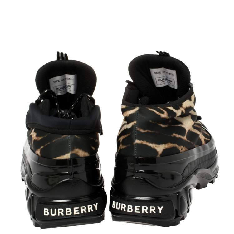 Pre Owned Burberry Black Mesh And Leopard Print Satin Arthur Low Top Sneakers Size 41
