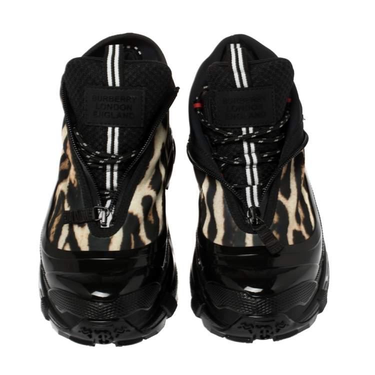 Pre Owned Burberry Black Mesh And Leopard Print Satin Arthur Low Top Sneakers Size 41