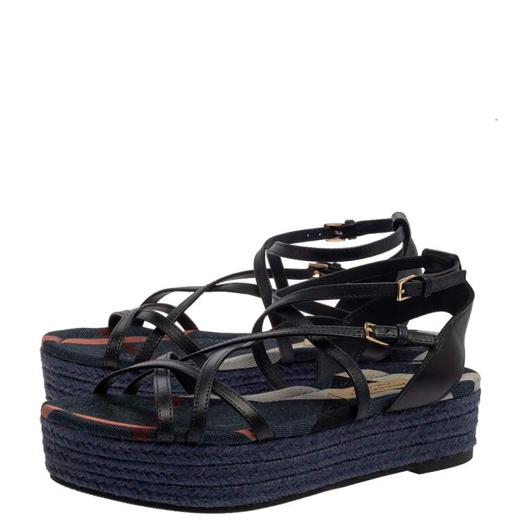 Pre Owned Burberry Black Leather Melrose Cross Strap Espadrille Platform Sandals Size 37.5