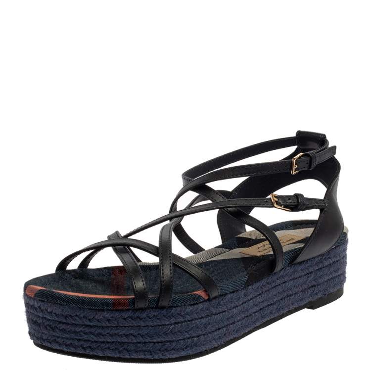 Pre Owned Burberry Black Leather Melrose Cross Strap Espadrille Platform Sandals Size 37.5