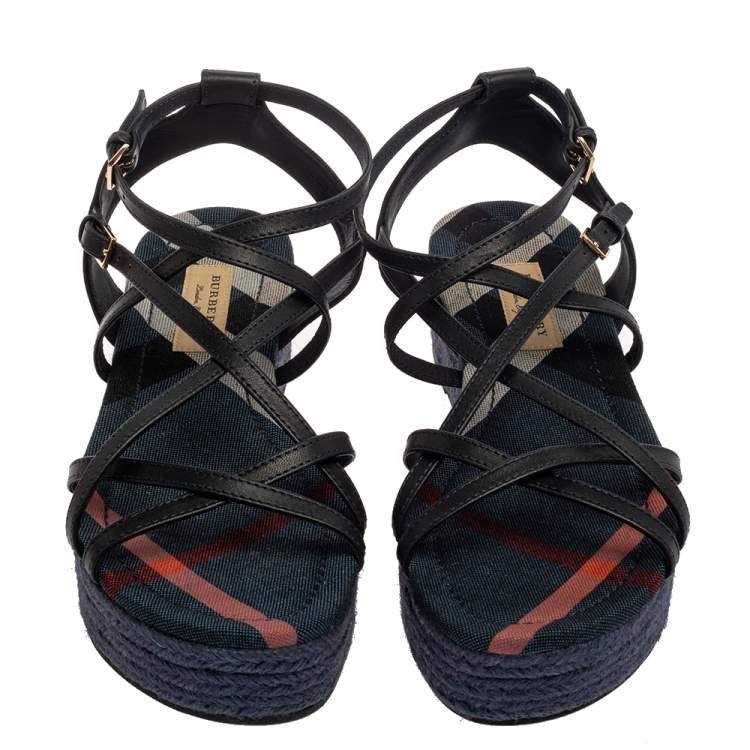 Pre Owned Burberry Black Leather Melrose Cross Strap Espadrille Platform Sandals Size 37.5