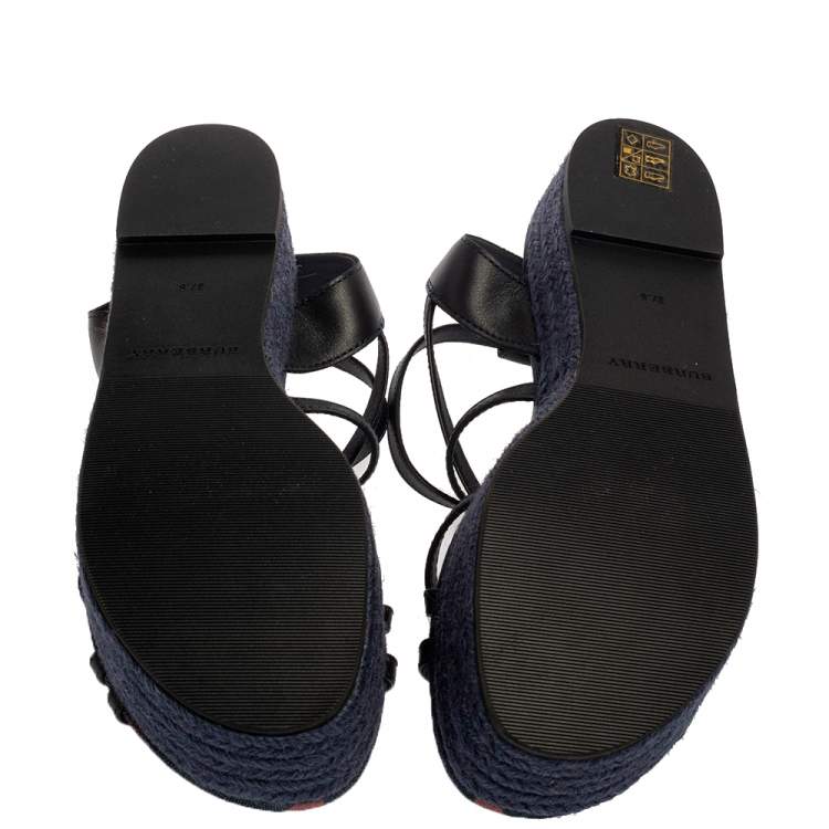 Pre Owned Burberry Black Leather Melrose Cross Strap Espadrille Platform Sandals Size 37.5