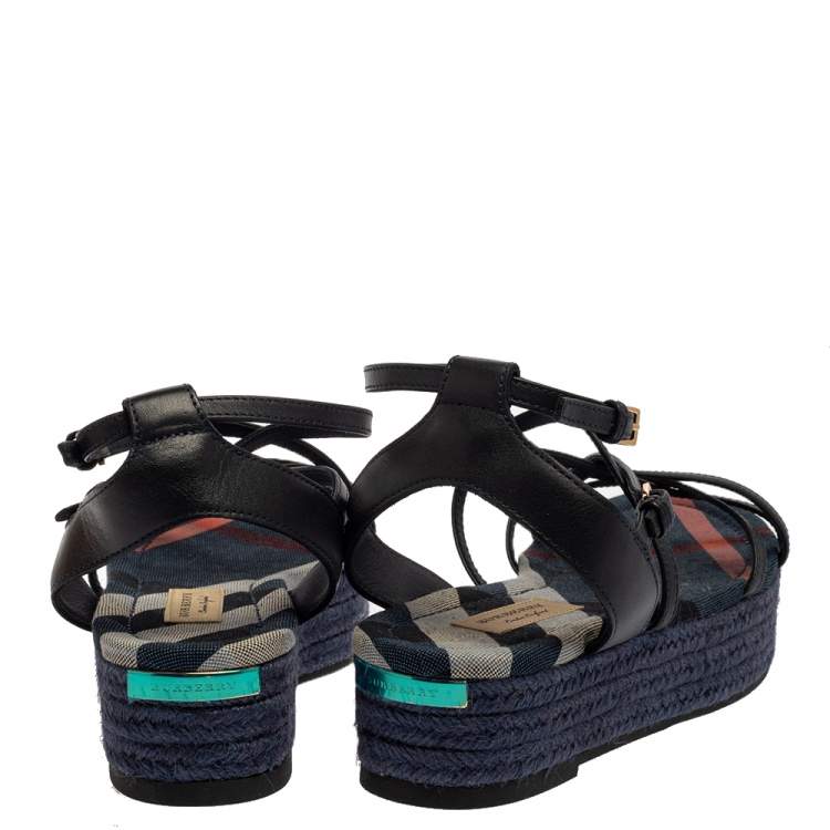 Pre Owned Burberry Black Leather Melrose Cross Strap Espadrille Platform Sandals Size 37.5
