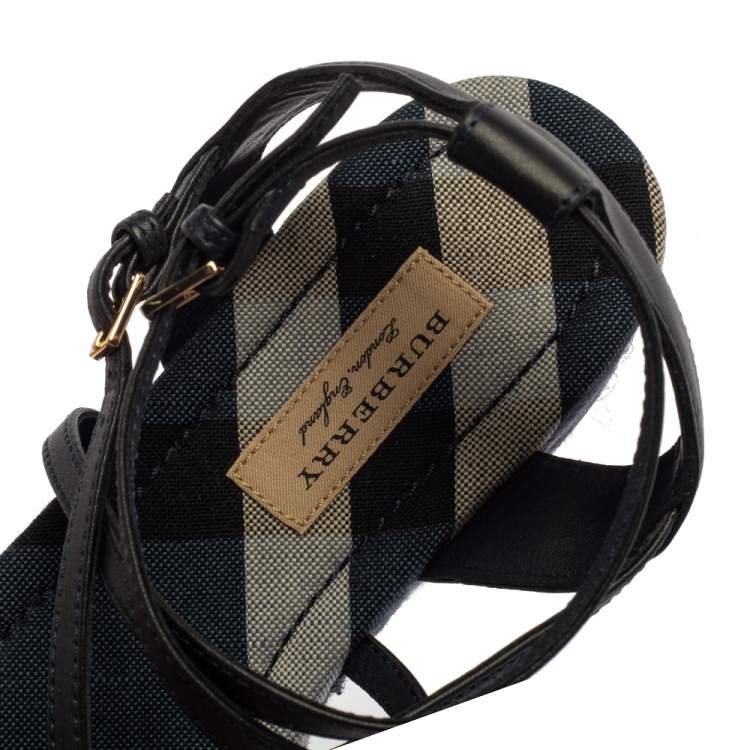 Pre Owned Burberry Black Leather Melrose Cross Strap Espadrille Platform Sandals Size 37.5