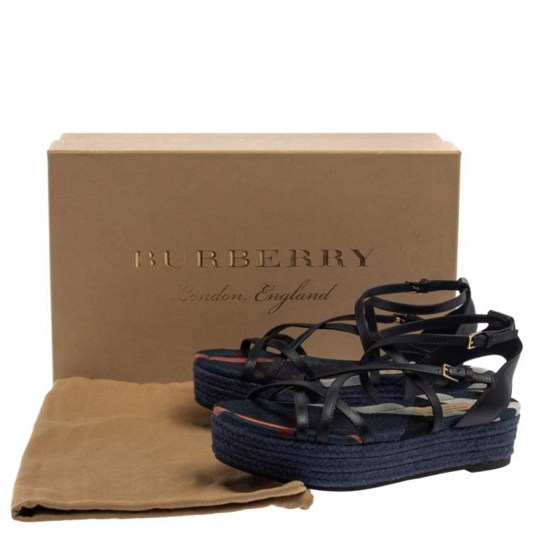 Pre Owned Burberry Black Leather Melrose Cross Strap Espadrille Platform Sandals Size 37.5