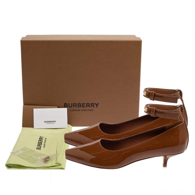 Pre Owned Burberry Brown Patent Leather Dill Kitten Heel Ankle Cuff Pumps Size 38