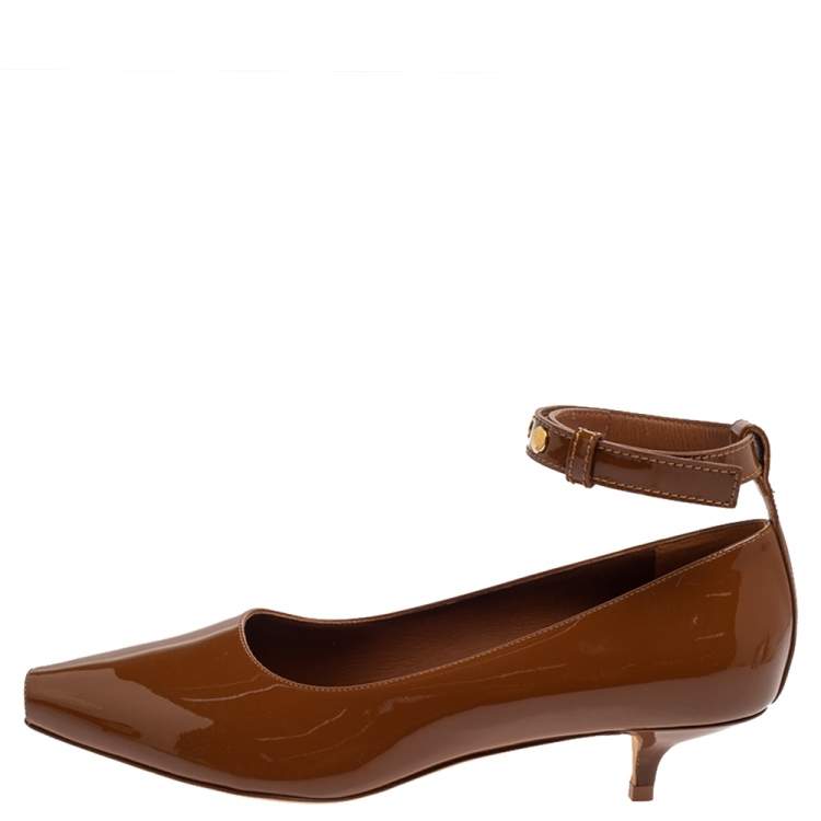 Pre Owned Burberry Brown Patent Leather Dill Kitten Heel Ankle Cuff Pumps Size 38