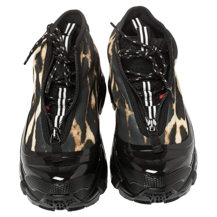 Pre Owned Burberry Black Mesh And Leopard Print Satin Arthur Sneakers Size 37