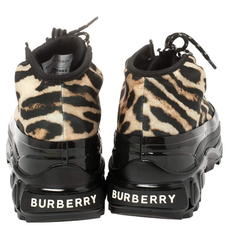 Pre Owned Burberry Black Mesh And Leopard Print Satin Arthur Sneakers Size 37