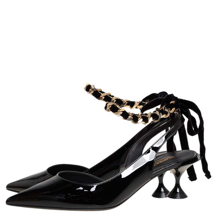 Pre Owned Burberry Black Patent Leather Chain Detail Ankle Wrap Slingback Pumps Size 36.5