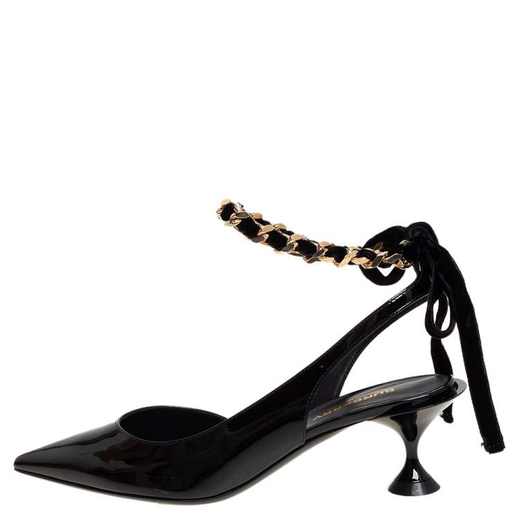 Pre Owned Burberry Black Patent Leather Chain Detail Ankle Wrap Slingback Pumps Size 36.5