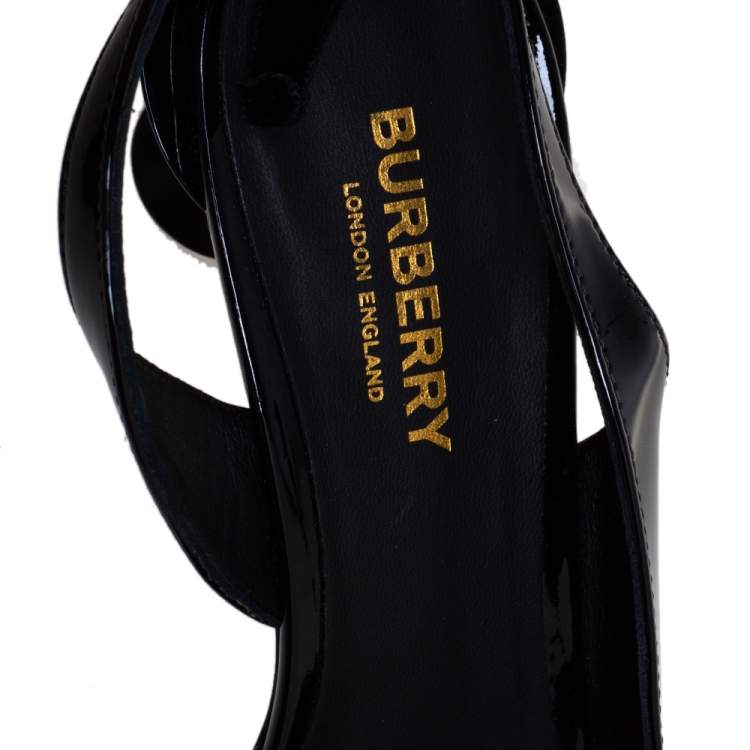Pre Owned Burberry Black Patent Leather Chain Detail Ankle Wrap Slingback Pumps Size 36.5
