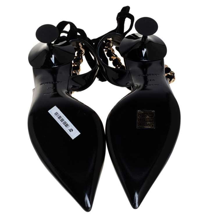 Pre Owned Burberry Black Patent Leather Chain Detail Ankle Wrap Slingback Pumps Size 36.5