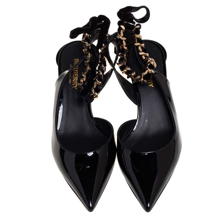 Pre Owned Burberry Black Patent Leather Chain Detail Ankle Wrap Slingback Pumps Size 36.5