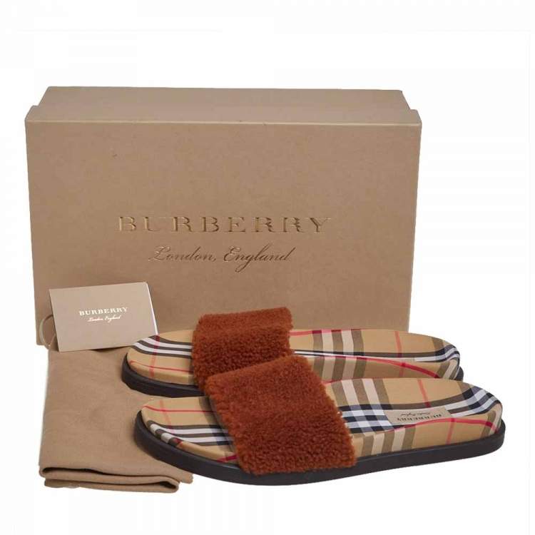 Pre Owned Burberry Brown Shearling Fur And Vintage Check Fabric Kencot Flat Slides Size 41
