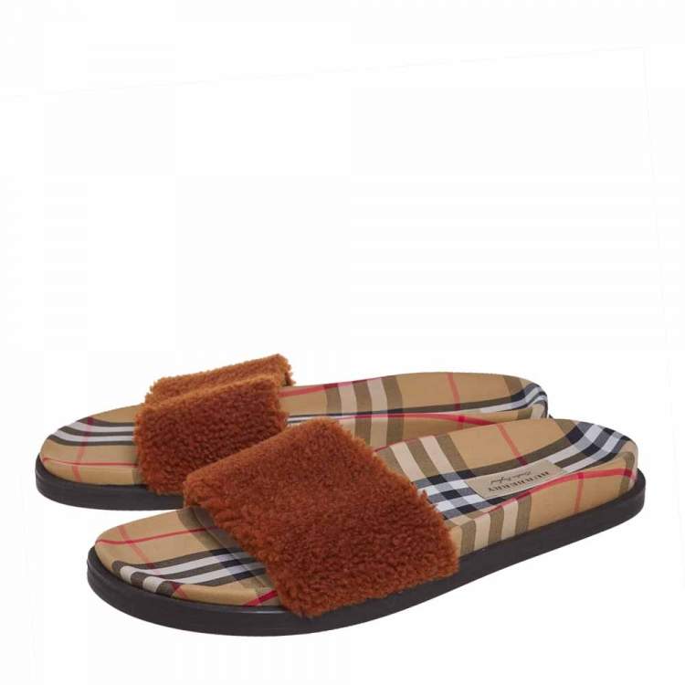 Pre Owned Burberry Brown Shearling Fur And Vintage Check Fabric Kencot Flat Slides Size 41