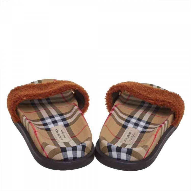 Pre Owned Burberry Brown Shearling Fur And Vintage Check Fabric Kencot Flat Slides Size 41