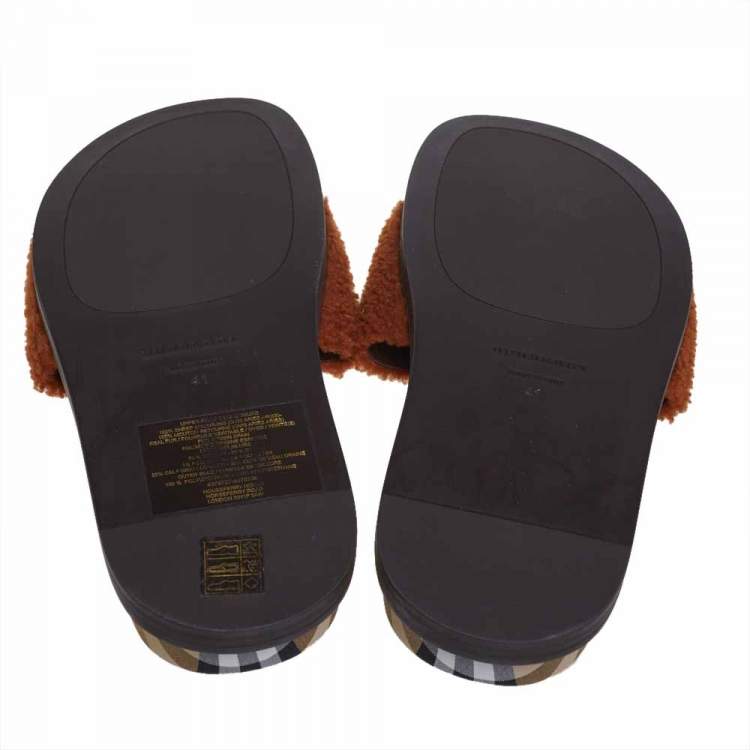 Pre Owned Burberry Brown Shearling Fur And Vintage Check Fabric Kencot Flat Slides Size 41